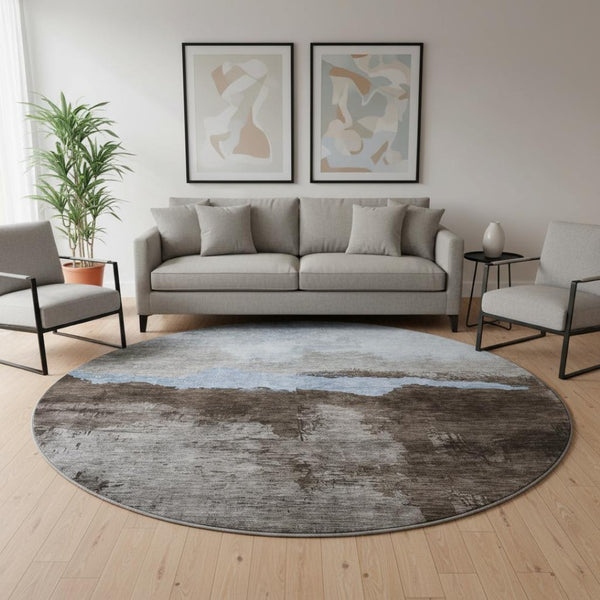 HomeRoots 8' Chocolate and Blue Abstract Washable Round Rug - UV-Protected, Durable, and Easy to Clean! 683563
