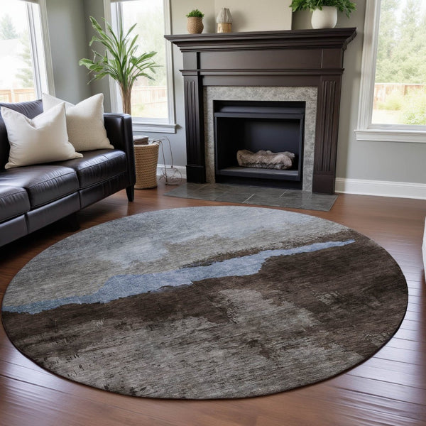 HomeRoots 8' Chocolate and Blue Abstract Washable Round Rug - UV-Protected, Durable, and Easy to Clean! 683563
