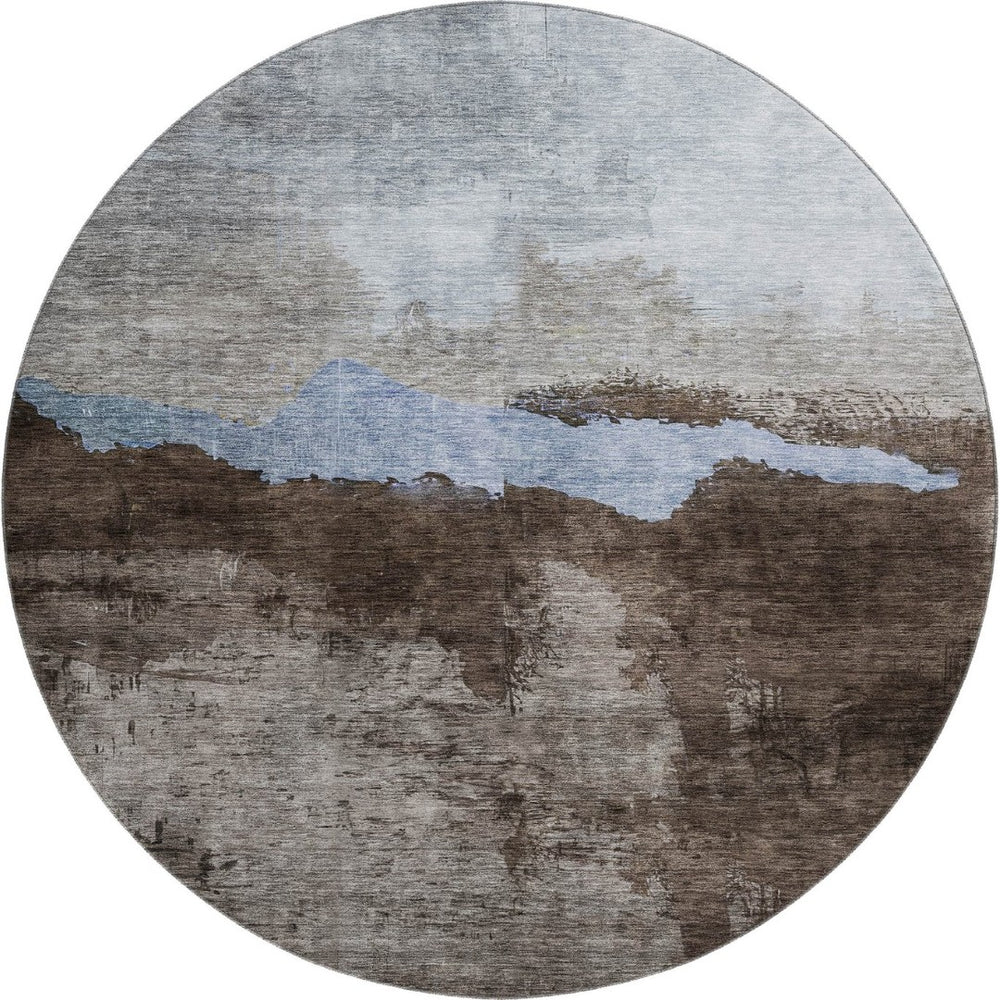 HomeRoots 8' Chocolate and Blue Abstract Washable Round Rug - UV-Protected, Durable, and Easy to Clean! 683563