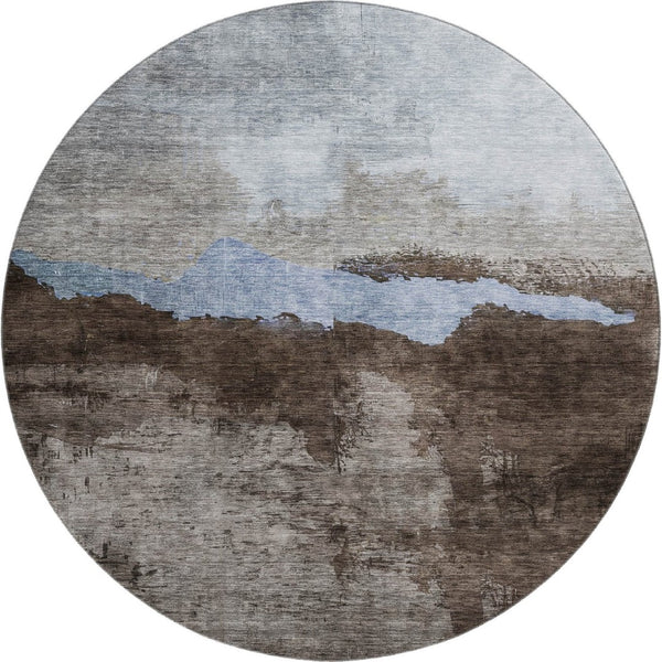 HomeRoots 8' Chocolate and Blue Abstract Washable Round Rug - UV-Protected, Durable, and Easy to Clean! 683563