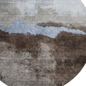 HomeRoots 8' Chocolate and Blue Abstract Washable Round Rug - UV-Protected, Durable, and Easy to Clean! 683563