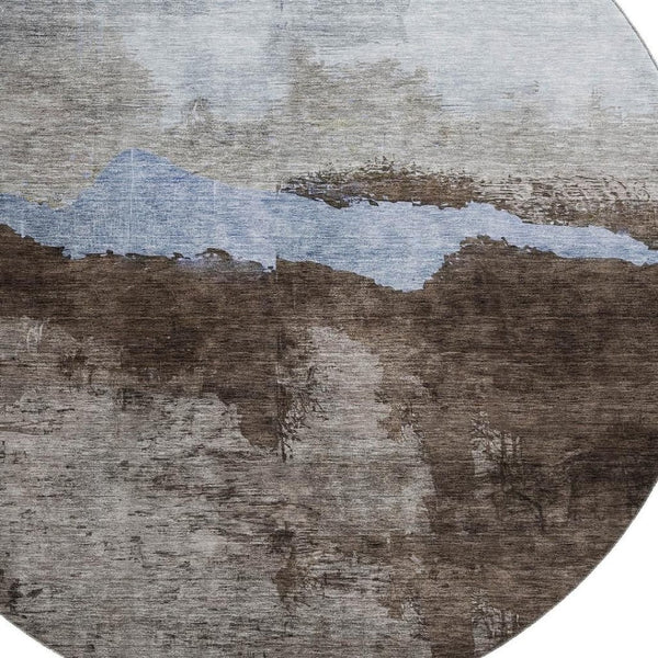 HomeRoots 8' Chocolate and Blue Abstract Washable Round Rug - UV-Protected, Durable, and Easy to Clean! 683563