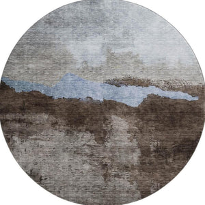 HomeRoots 8' Chocolate and Blue Abstract Washable Round Rug - UV-Protected, Durable, and Easy to Clean! 683563