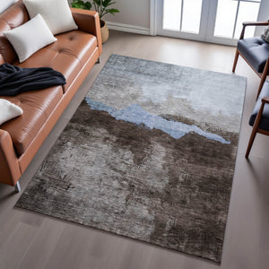 HomeRoots 8' X 10' Washable Chocolate and Blue Abstract Area Rug - UV Protected, Stain Resistant & Durable Design 683564