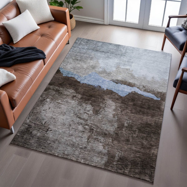 HomeRoots 8' X 10' Washable Chocolate and Blue Abstract Area Rug - UV Protected, Stain Resistant & Durable Design 683564