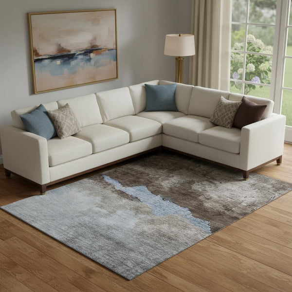 HomeRoots 9' X 12' Chocolate and Blue Abstract Rug – Durable, Washable, UV-Protected for High-Traffic Spaces 683565