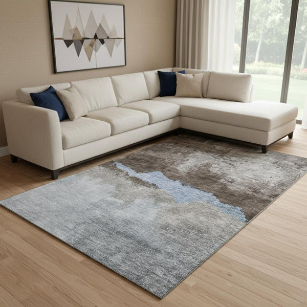 HomeRoots 10' X 14' Chocolate and Blue Abstract Area Rug - Washable, UV Protected, Modern Design for Busy Homes 683566