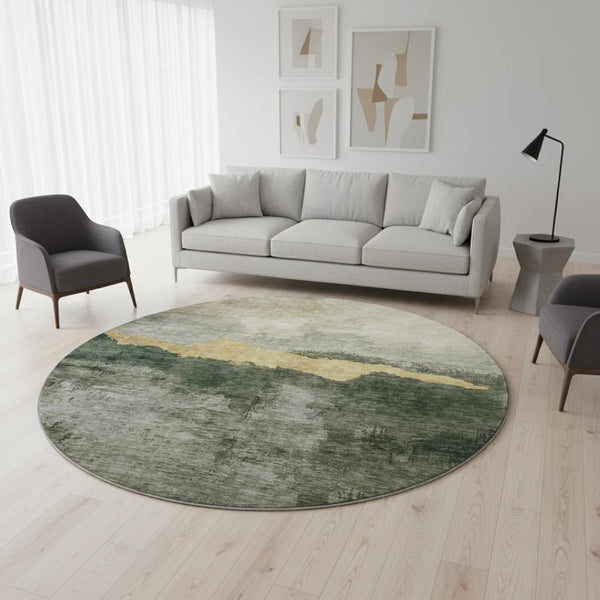 HomeRoots 8' Fern Green and Gold Abstract Round Rug - Washable, UV Protected, Stylish, and Durable Design 683569