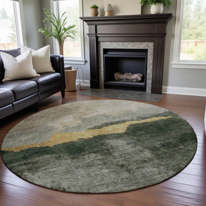 HomeRoots 8' Fern Green and Gold Abstract Round Rug - Washable, UV Protected, Stylish, and Durable Design 683569