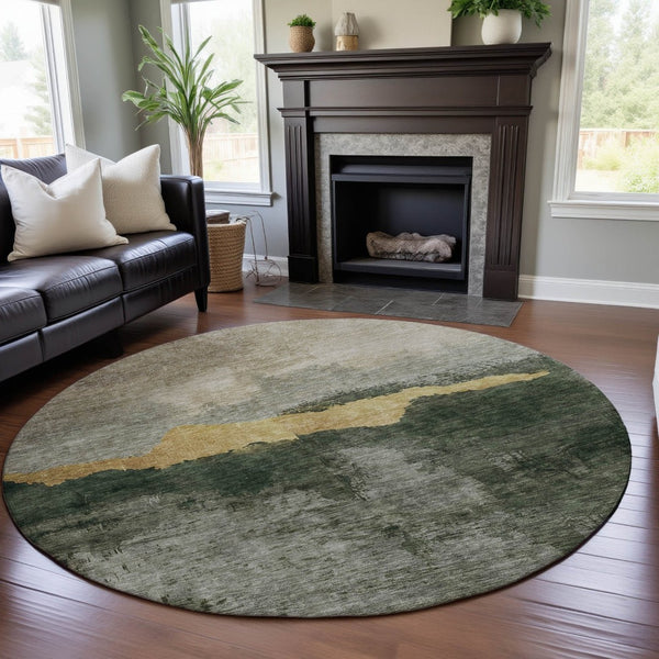 HomeRoots 8' Fern Green and Gold Abstract Round Rug - Washable, UV Protected, Stylish, and Durable Design 683569