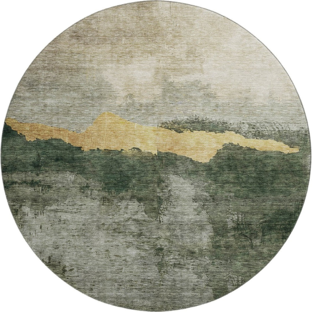 HomeRoots 8' Fern Green and Gold Abstract Round Rug - Washable, UV Protected, Stylish, and Durable Design 683569