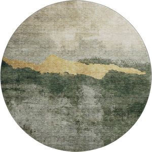 HomeRoots 8' Fern Green and Gold Abstract Round Rug - Washable, UV Protected, Stylish, and Durable Design 683569