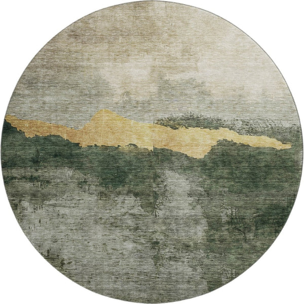 HomeRoots 8' Fern Green and Gold Abstract Round Rug - Washable, UV Protected, Stylish, and Durable Design 683569