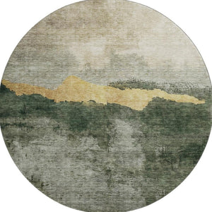 HomeRoots 8' Fern Green and Gold Abstract Round Rug - Washable, UV Protected, Stylish, and Durable Design 683569