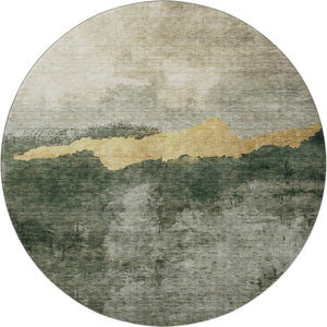 HomeRoots 8' Fern Green and Gold Abstract Round Rug - Washable, UV Protected, Stylish, and Durable Design 683569