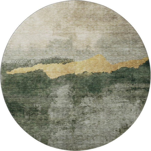 HomeRoots 8' Fern Green and Gold Abstract Round Rug - Washable, UV Protected, Stylish, and Durable Design 683569