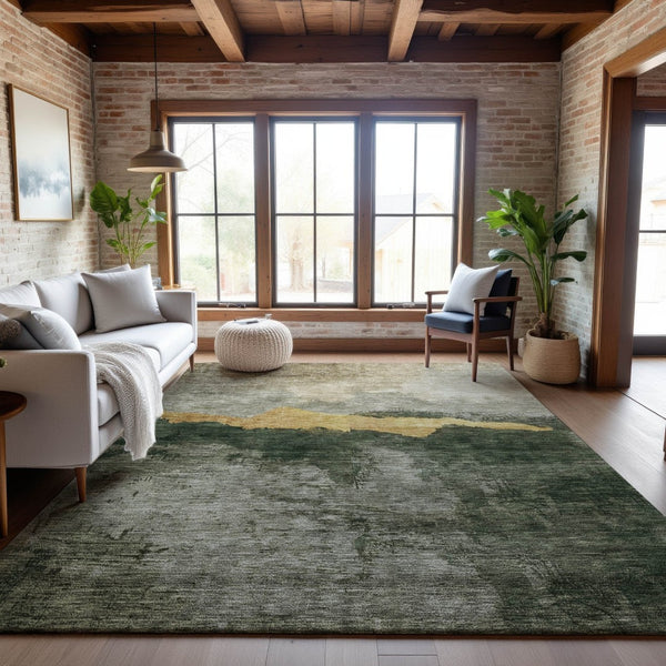 HomeRoots 10' X 14' Fern Green and Gold Abstract Area Rug - Washable, Stain-Resistant, UV Protected for Homes 683572