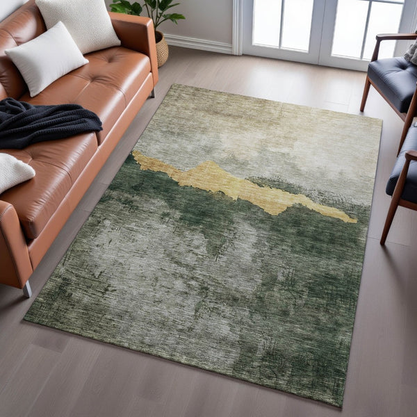 HomeRoots 10' X 14' Fern Green and Gold Abstract Area Rug - Washable, Stain-Resistant, UV Protected for Homes 683572