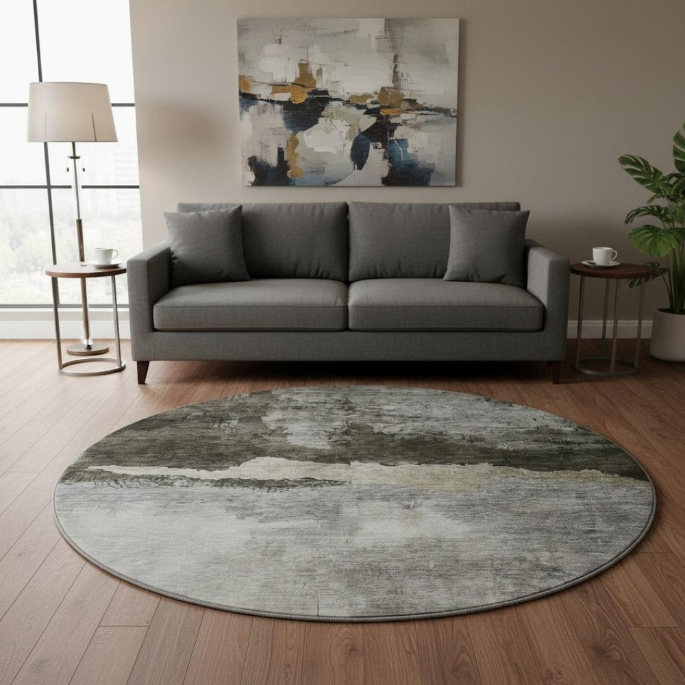 HomeRoots 8' Taupe and Beige Abstract Washable Round Rug - UV Protected, Durable & Stylish for Any Space 683575