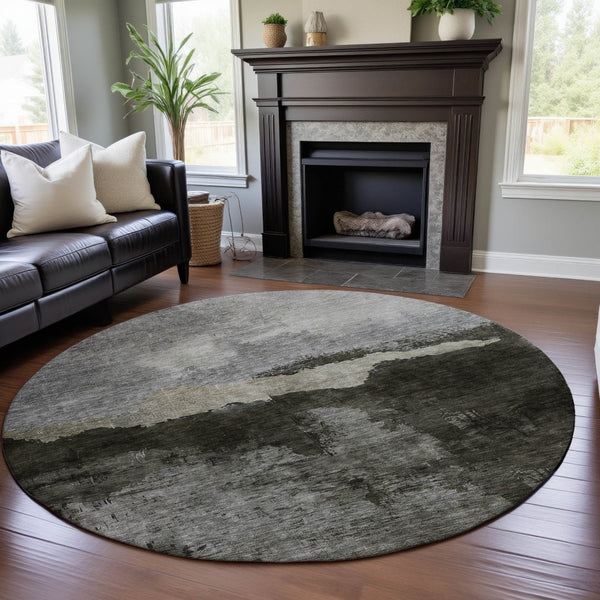 HomeRoots 8' Taupe and Beige Abstract Washable Round Rug - UV Protected, Durable & Stylish for Any Space 683575