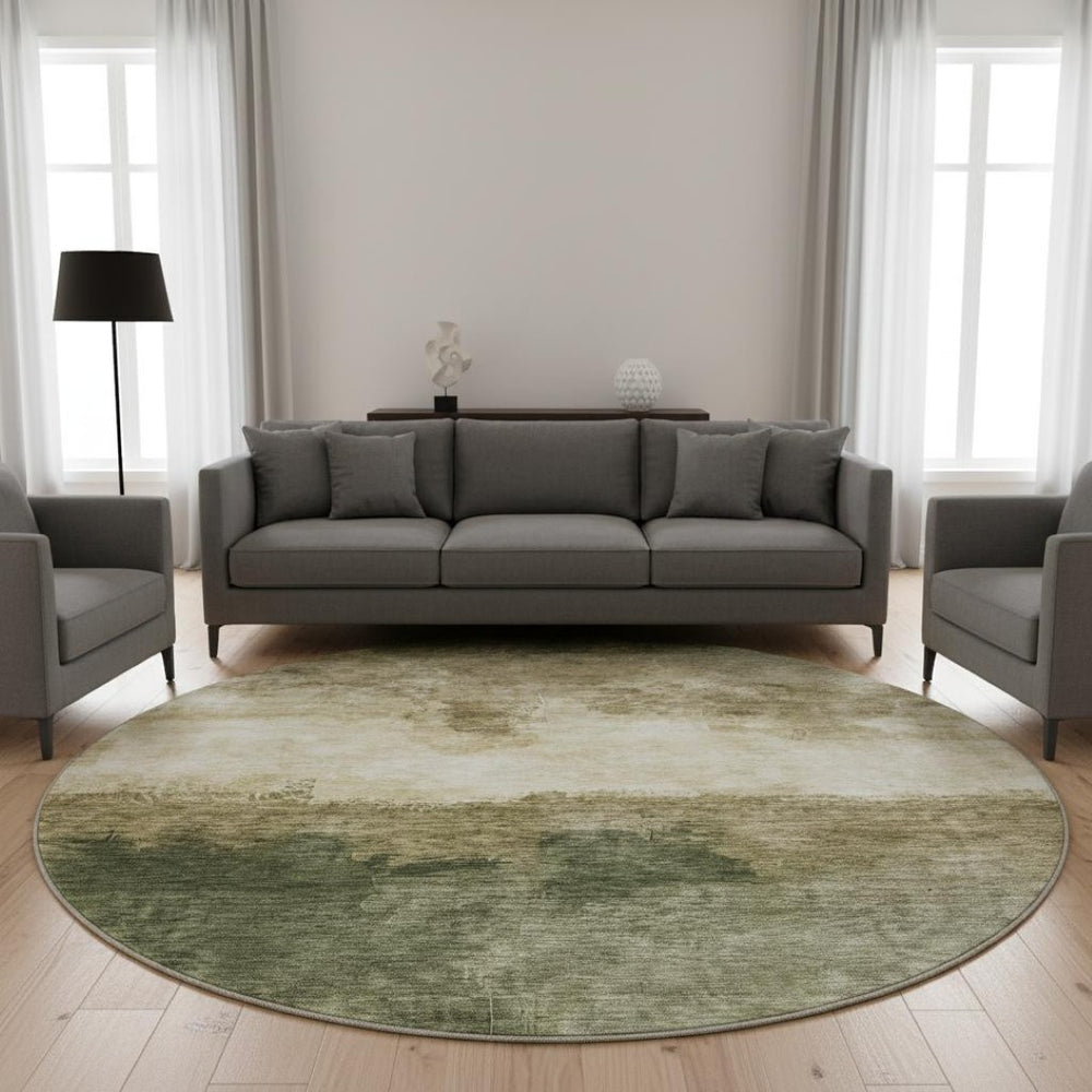 HomeRoots 8' Fern Green & Beige Abstract Round Rug - Washable, UV-Protected, Stylish for High-Traffic Areas! 683581