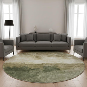 HomeRoots 8' Fern Green & Beige Abstract Round Rug - Washable, UV-Protected, Stylish for High-Traffic Areas! 683581