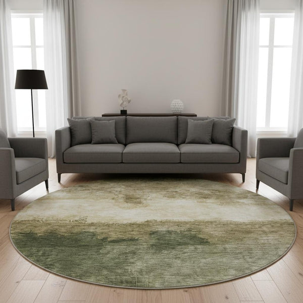 HomeRoots 8' Fern Green & Beige Abstract Round Rug - Washable, UV-Protected, Stylish for High-Traffic Areas! 683581