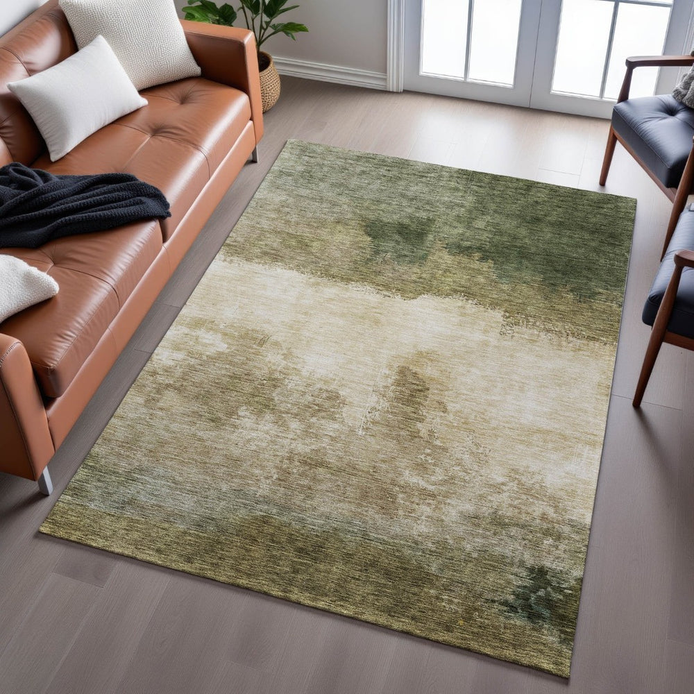 HomeRoots 10' X 14' Fern Green And Beige Abstract Area Rug - Washable, UV Protected, Stain Resistant & Durable 683584