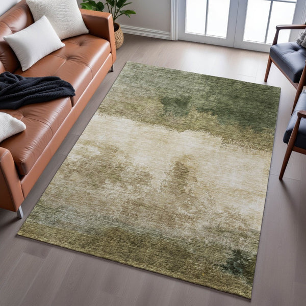 HomeRoots 10' X 14' Fern Green And Beige Abstract Area Rug - Washable, UV Protected, Stain Resistant & Durable 683584