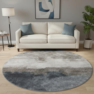 HomeRoots 8' Gray and Silver Abstract Washable Round Rug - UV Protected, Stain-Resistant, Modern Elegance 683587