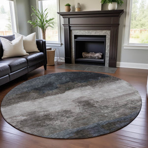 HomeRoots 8' Gray and Silver Abstract Washable Round Rug - UV Protected, Stain-Resistant, Modern Elegance 683587
