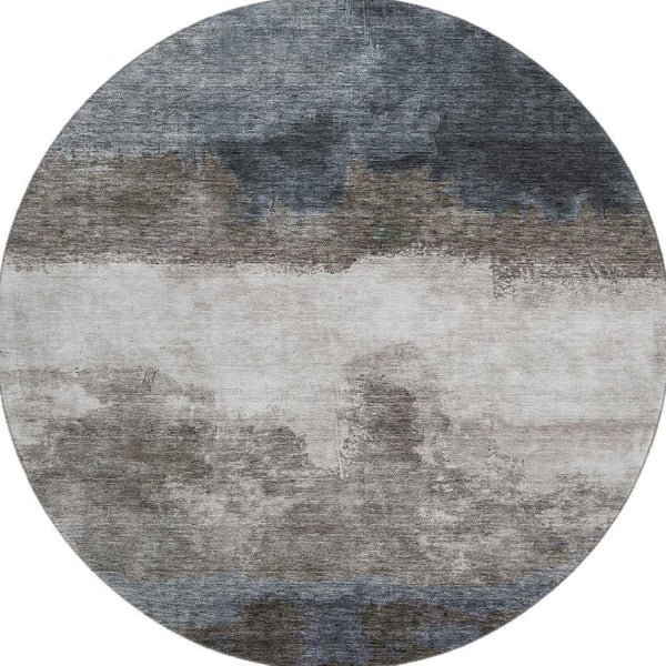 HomeRoots 8' Gray and Silver Abstract Washable Round Rug - UV Protected, Stain-Resistant, Modern Elegance 683587