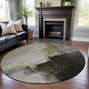 HomeRoots 8' Khaki and Beige Abstract Washable Round Rug – Durable, UV-Protected, Perfect for Any Space! 683593