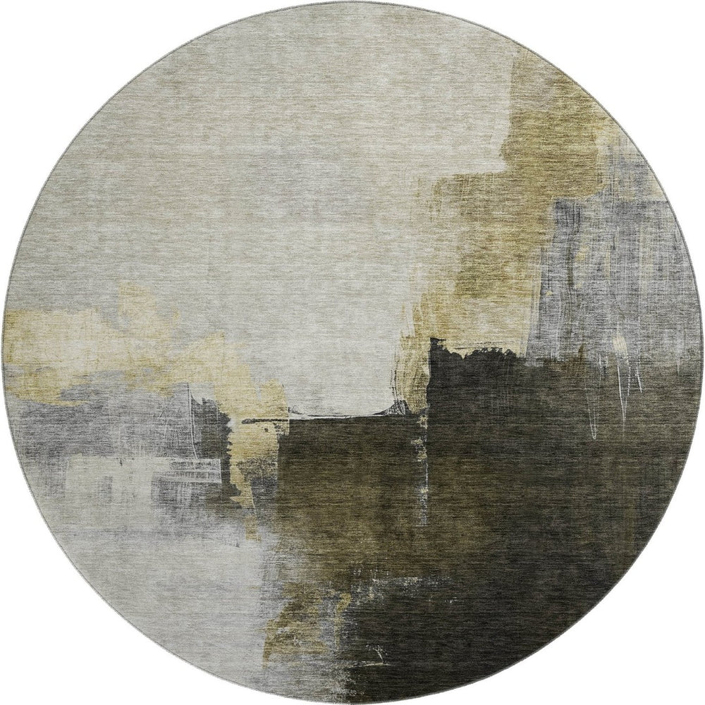 HomeRoots 8' Khaki and Beige Abstract Washable Round Rug – Durable, UV-Protected, Perfect for Any Space! 683593