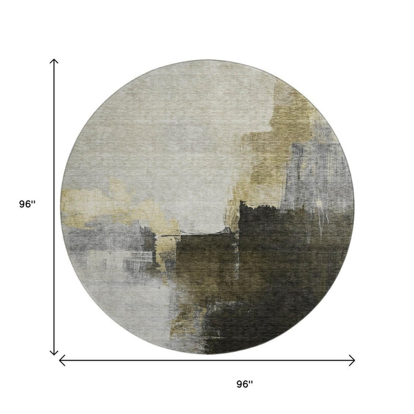 HomeRoots 8' Khaki and Beige Abstract Washable Round Rug – Durable, UV-Protected, Perfect for Any Space! 683593