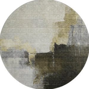 HomeRoots 8' Khaki and Beige Abstract Washable Round Rug – Durable, UV-Protected, Perfect for Any Space! 683593