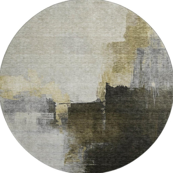 HomeRoots 8' Khaki and Beige Abstract Washable Round Rug – Durable, UV-Protected, Perfect for Any Space! 683593
