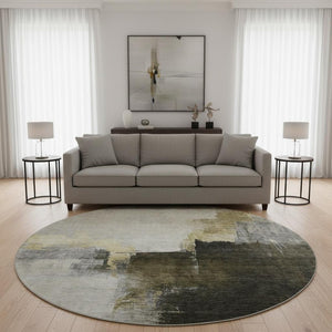 HomeRoots 8' Khaki and Beige Abstract Washable Round Rug – Durable, UV-Protected, Perfect for Any Space! 683593