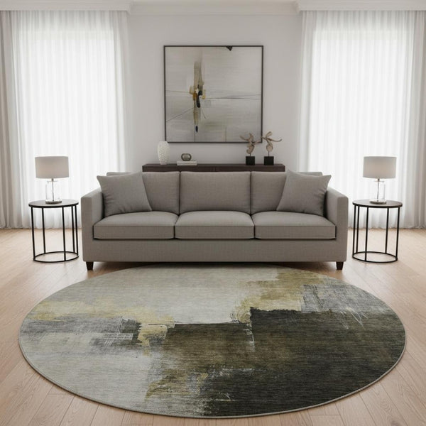 HomeRoots 8' Khaki and Beige Abstract Washable Round Rug – Durable, UV-Protected, Perfect for Any Space! 683593