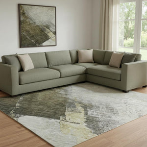 HomeRoots 8' X 10' Khaki-Beige Abstract Area Rug - Washable, UV-Protected, Durable for High-Traffic Spaces! 683594