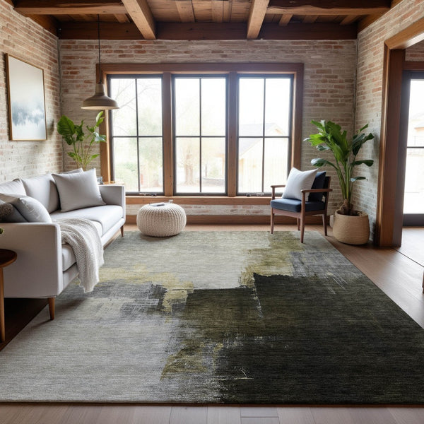 HomeRoots 9' X 12' Khaki and Beige Abstract Area Rug - Washable, UV Protected, Stain Resistant for High-Traffic Spaces 683595