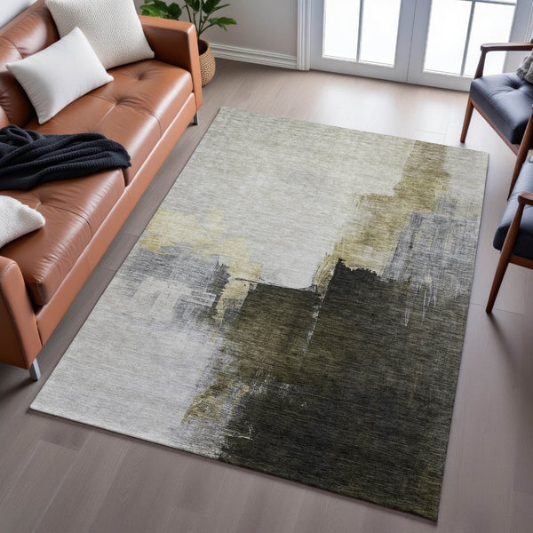 HomeRoots 9' X 12' Khaki and Beige Abstract Area Rug - Washable, UV Protected, Stain Resistant for High-Traffic Spaces 683595
