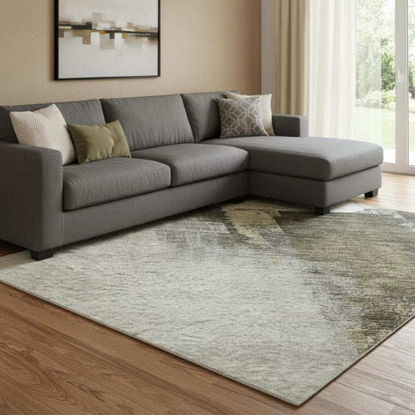 HomeRoots 10' X 14' Khaki and Beige Abstract Area Rug – Washable, UV Protected, Durable for High-Traffic Spaces 683596