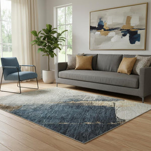 HomeRoots 5' Taupe and Blue Abstract Area Rug - Washable, UV-Protected, Durable Design for Modern Living Spaces 683598