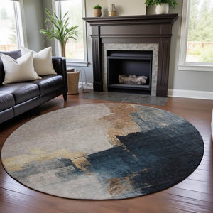 HomeRoots 8' Taupe and Blue Abstract Washable Round Rug - Durable, Stylish, UV-Protected for High-Traffic Areas 683599