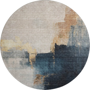 HomeRoots 8' Taupe and Blue Abstract Washable Round Rug - Durable, Stylish, UV-Protected for High-Traffic Areas 683599