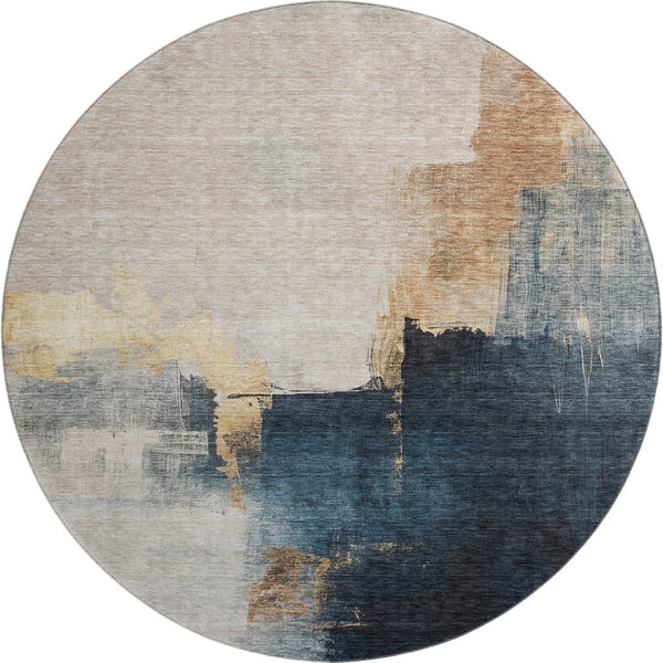 HomeRoots 8' Taupe and Blue Abstract Washable Round Rug - Durable, Stylish, UV-Protected for High-Traffic Areas 683599