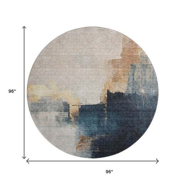 HomeRoots 8' Taupe and Blue Abstract Washable Round Rug - Durable, Stylish, UV-Protected for High-Traffic Areas 683599