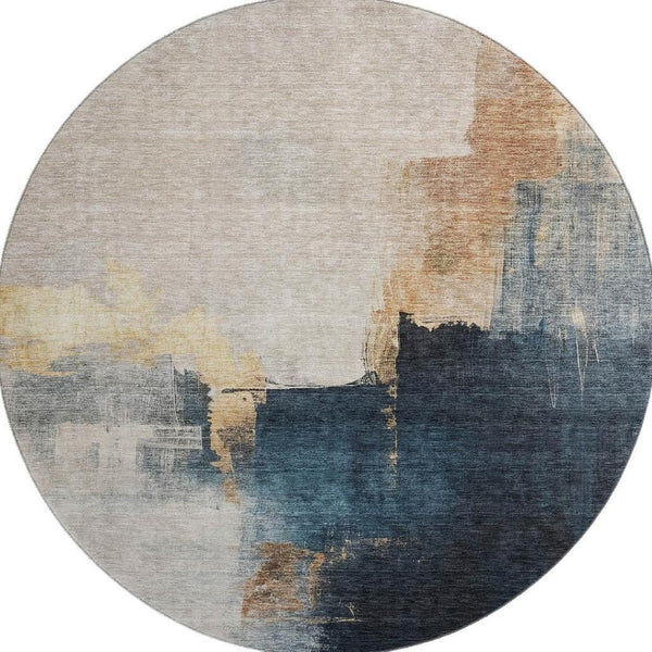 HomeRoots 8' Taupe and Blue Abstract Washable Round Rug - Durable, Stylish, UV-Protected for High-Traffic Areas 683599