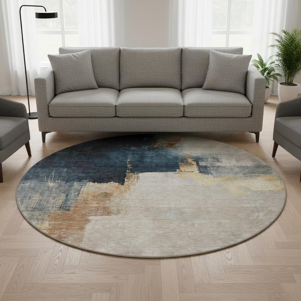 HomeRoots 8' Taupe and Blue Abstract Washable Round Rug - Durable, Stylish, UV-Protected for High-Traffic Areas 683599